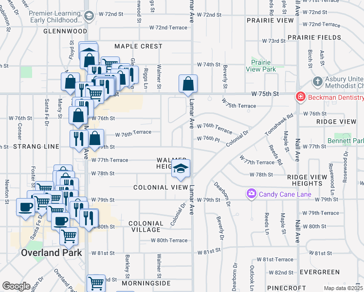 map of restaurants, bars, coffee shops, grocery stores, and more near 13820 Russell Road in Overland Park