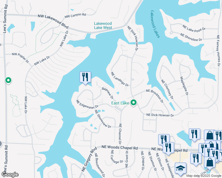 map of restaurants, bars, coffee shops, grocery stores, and more near 244 Northeast Bayview Drive in Lee's Summit