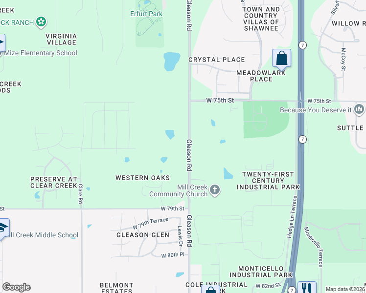 map of restaurants, bars, coffee shops, grocery stores, and more near 7680 Gleason Road in Shawnee