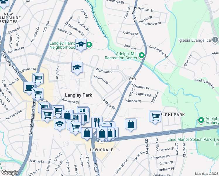 map of restaurants, bars, coffee shops, grocery stores, and more near 1719 Lebanon Street in Hyattsville