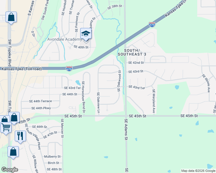 map of restaurants, bars, coffee shops, grocery stores, and more near 902 Southeast 43rd Street Terrace in Topeka