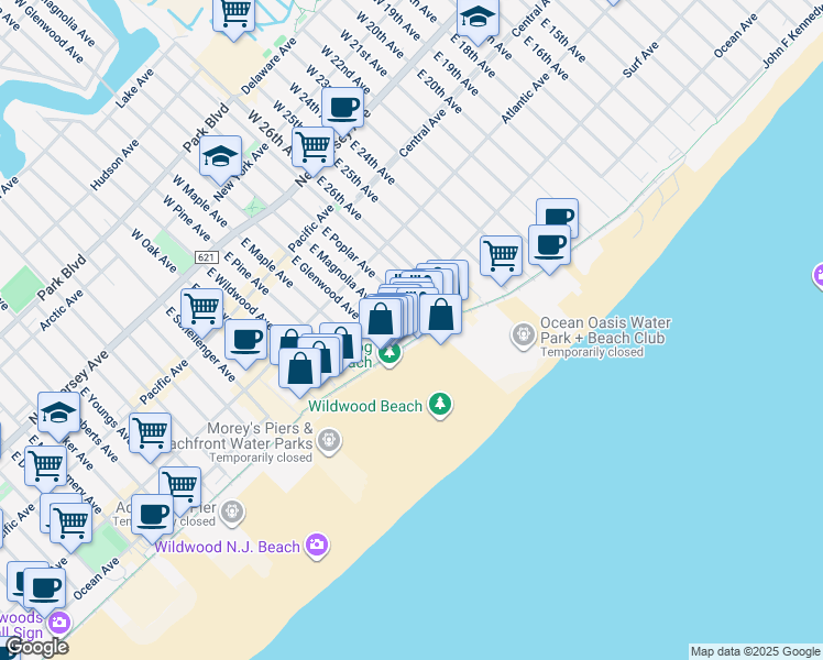 map of restaurants, bars, coffee shops, grocery stores, and more near 2906 Boardwalk in Wildwood