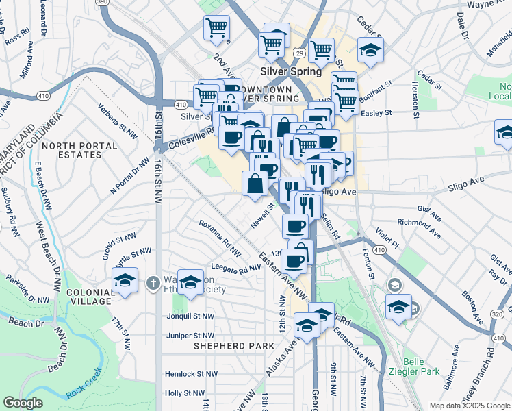 map of restaurants, bars, coffee shops, grocery stores, and more near 1220 Blair Mill Road in Silver Spring