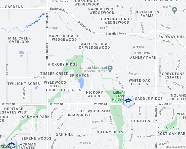 map of restaurants, bars, coffee shops, grocery stores, and more near 7637 Acuff Lane in Shawnee