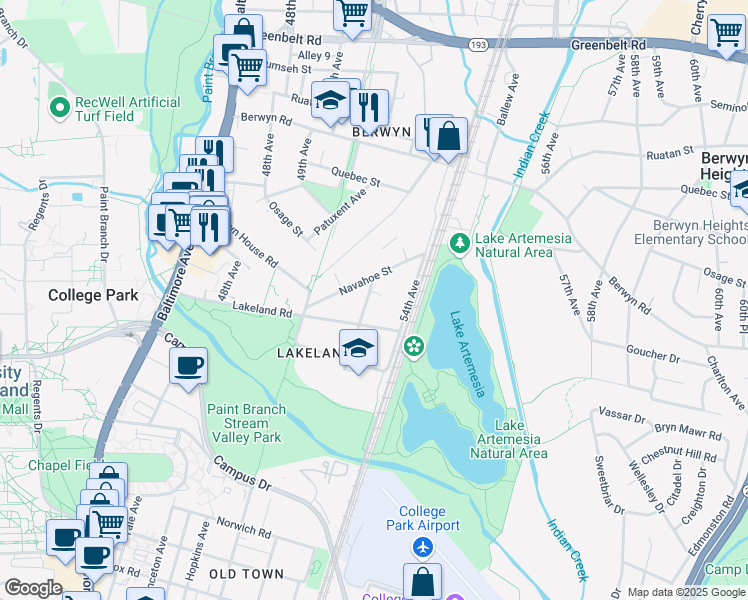 map of restaurants, bars, coffee shops, grocery stores, and more near 8111 51st Avenue in College Park