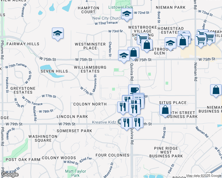 map of restaurants, bars, coffee shops, grocery stores, and more near 7677 Charles Street in Lenexa