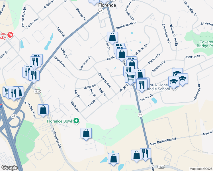map of restaurants, bars, coffee shops, grocery stores, and more near 35 Edwards Avenue in Florence