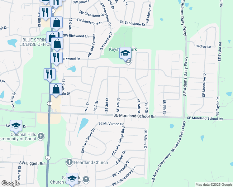 map of restaurants, bars, coffee shops, grocery stores, and more near 2905 Southeast 4th Street in Blue Springs