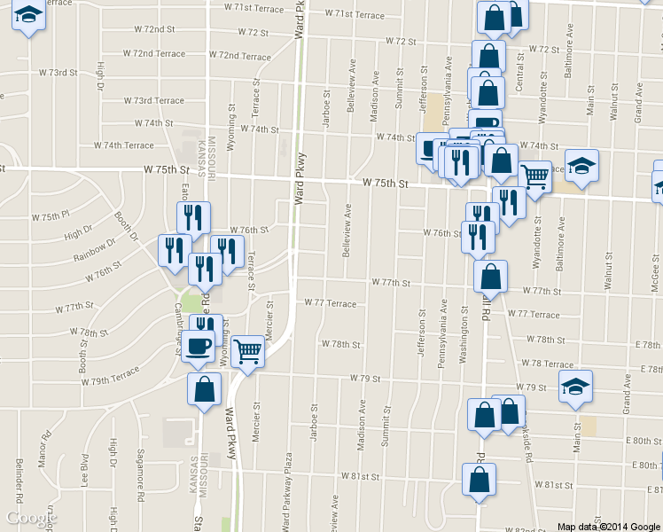 map of restaurants, bars, coffee shops, grocery stores, and more near 7641 Jarboe Street in Kansas City