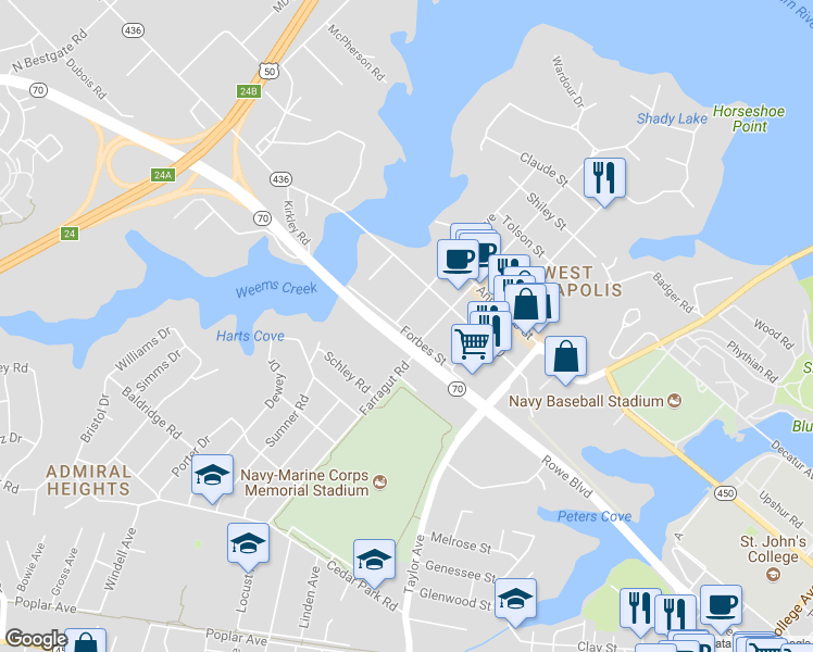 map of restaurants, bars, coffee shops, grocery stores, and more near 100 Forbes Street in Annapolis