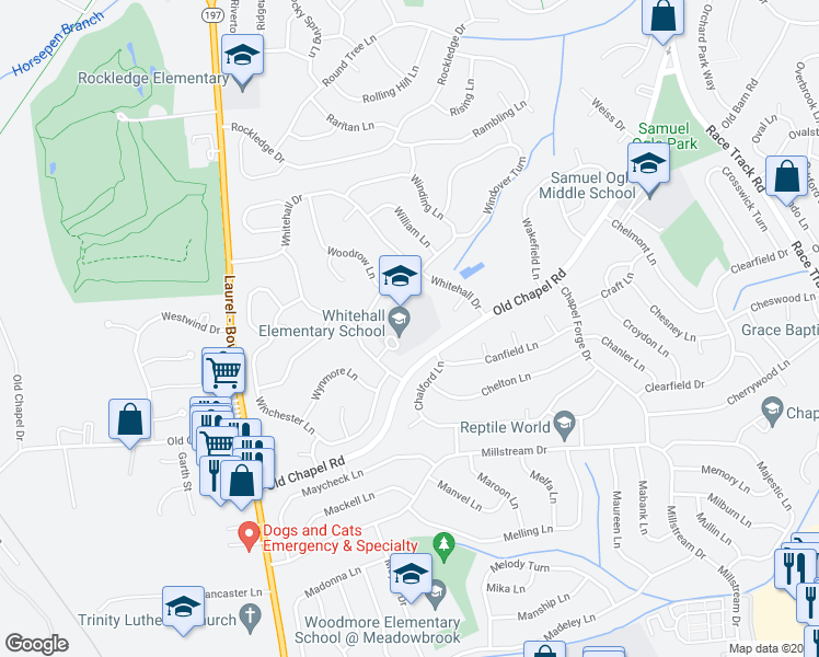 map of restaurants, bars, coffee shops, grocery stores, and more near 3901 Woodhaven Lane in Bowie