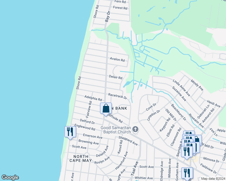 map of restaurants, bars, coffee shops, grocery stores, and more near 110 Folsom Avenue in North Cape May