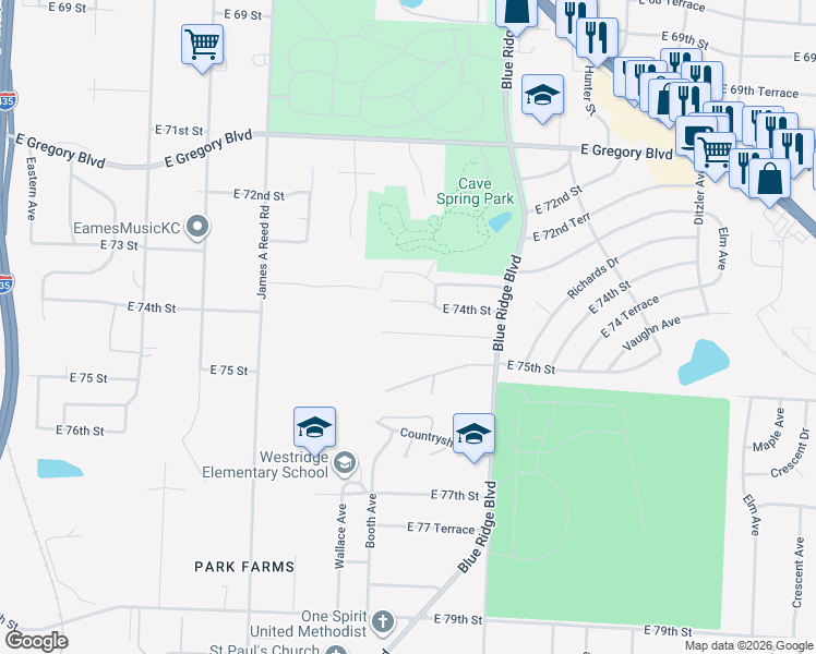 map of restaurants, bars, coffee shops, grocery stores, and more near 8608 East 74 Terrace in Kansas City