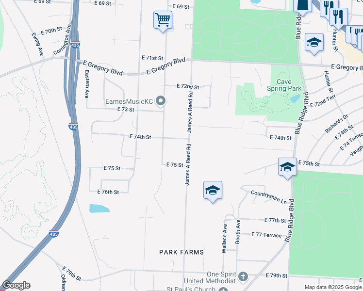 map of restaurants, bars, coffee shops, grocery stores, and more near 7404 James A Reed Road in Kansas City
