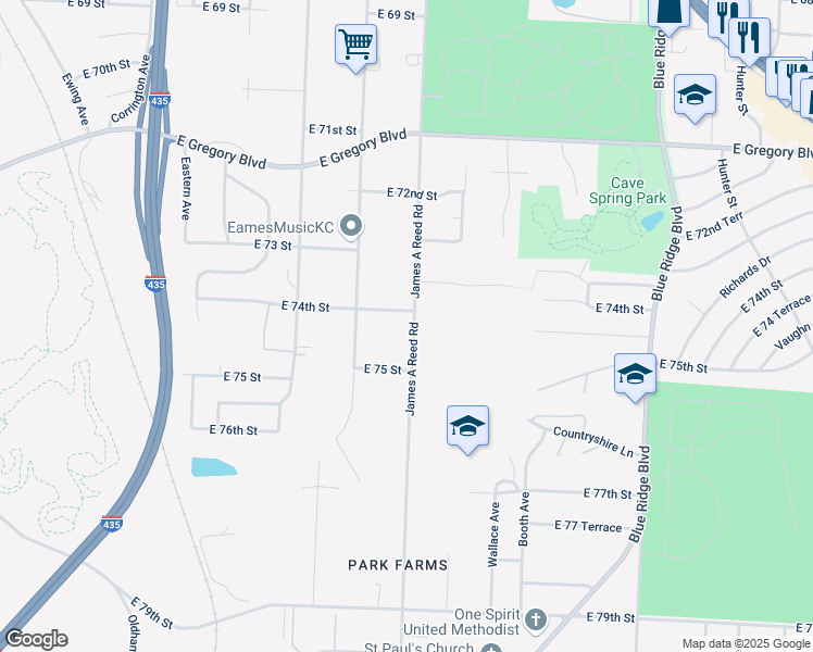map of restaurants, bars, coffee shops, grocery stores, and more near 7404 James A Reed Road in Kansas City