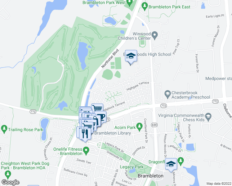 map of restaurants, bars, coffee shops, grocery stores, and more near 22687 Blue Elder Terrace in Ashburn