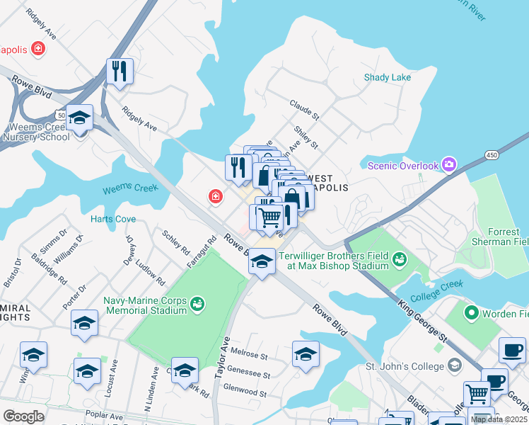 map of restaurants, bars, coffee shops, grocery stores, and more near 100 Ridgely Avenue in Annapolis