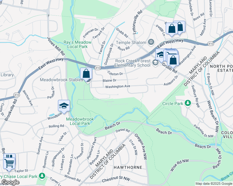 map of restaurants, bars, coffee shops, grocery stores, and more near 2709 Abilene Drive in Chevy Chase
