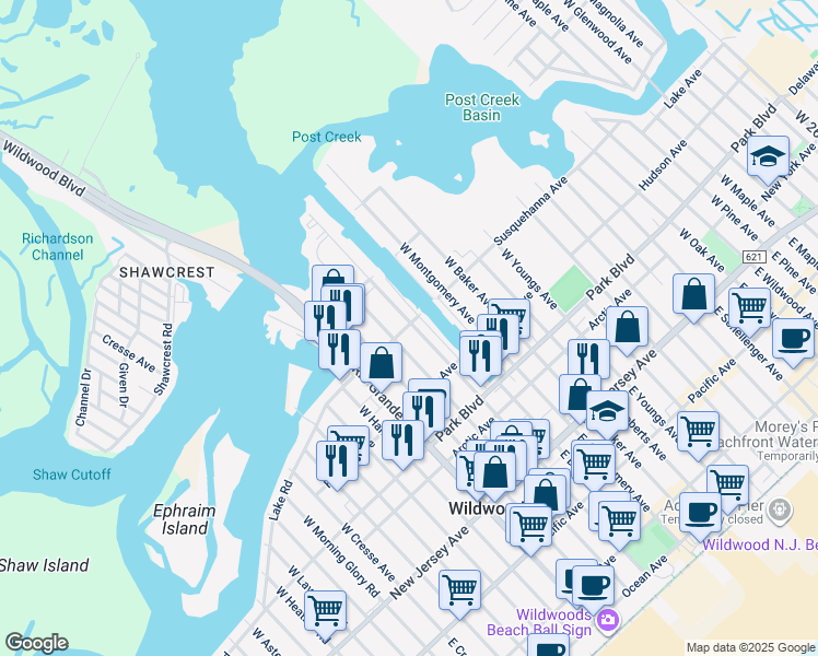 map of restaurants, bars, coffee shops, grocery stores, and more near 4605 Susquehanna Avenue in Wildwood
