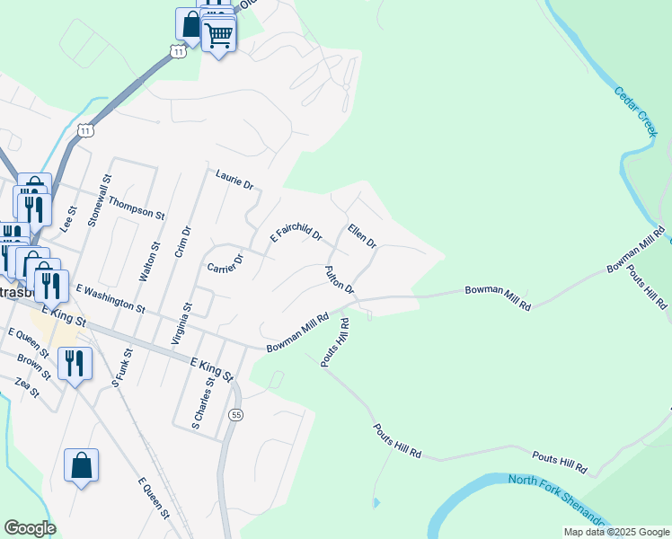 map of restaurants, bars, coffee shops, grocery stores, and more near 565 Fulton Drive in Strasburg