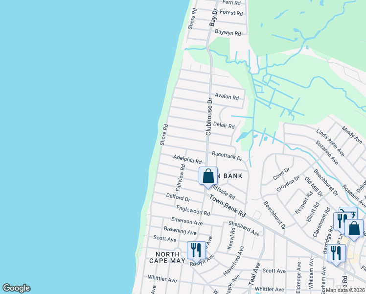 map of restaurants, bars, coffee shops, grocery stores, and more near 15 Racetrack Drive in Cape May