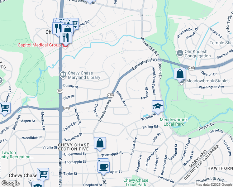 map of restaurants, bars, coffee shops, grocery stores, and more near 7908 Rocton Avenue in Chevy Chase