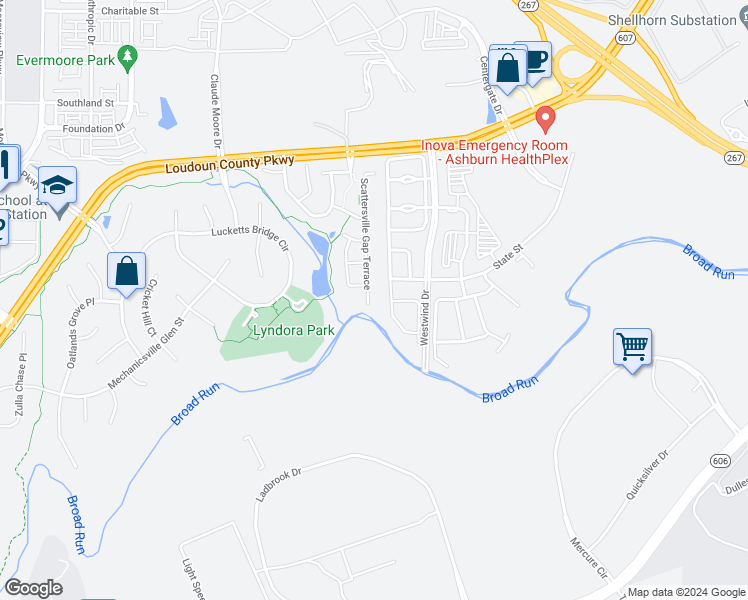 map of restaurants, bars, coffee shops, grocery stores, and more near 22620 Scattersville Gap Terrace in Ashburn
