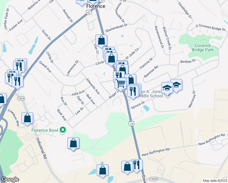 map of restaurants, bars, coffee shops, grocery stores, and more near 7 Roger Lane in Florence