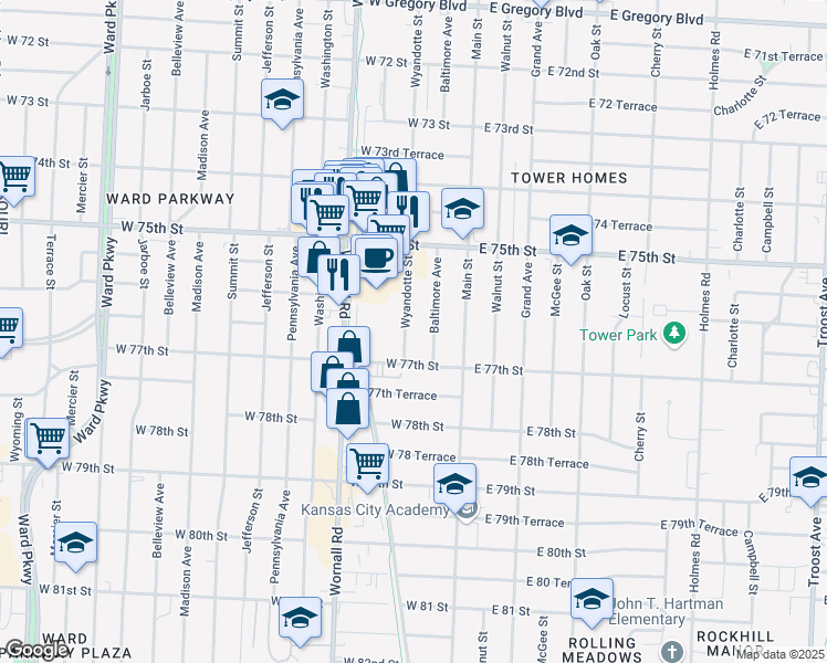 map of restaurants, bars, coffee shops, grocery stores, and more near 7625 Wyandotte Street in Kansas City
