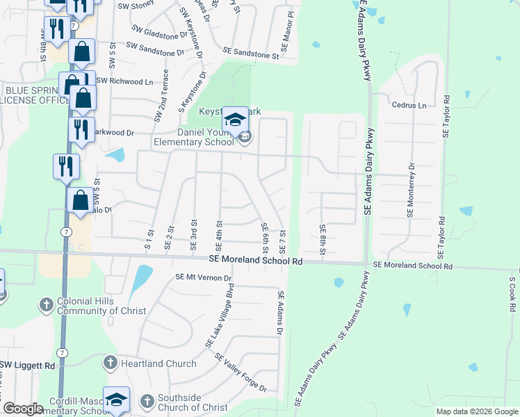 map of restaurants, bars, coffee shops, grocery stores, and more near 2904 Southeast 6th Street in Blue Springs