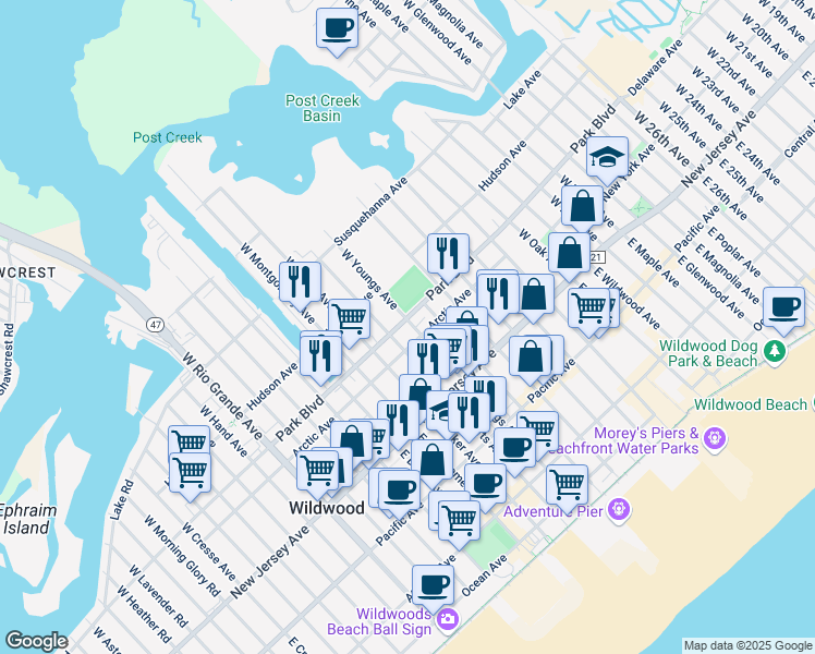 map of restaurants, bars, coffee shops, grocery stores, and more near 206 West Youngs Avenue in Wildwood