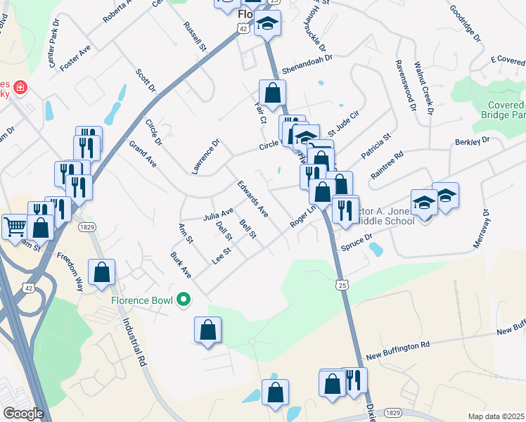 map of restaurants, bars, coffee shops, grocery stores, and more near 35 Edwards Avenue in Florence