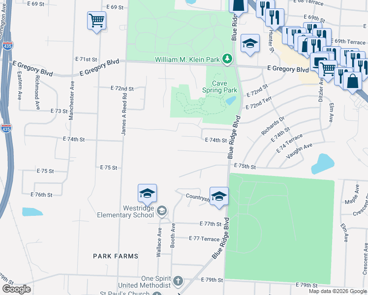 map of restaurants, bars, coffee shops, grocery stores, and more near 8608 East 74 Terrace in Kansas City