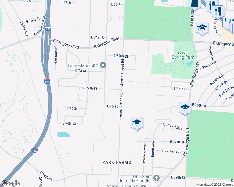 map of restaurants, bars, coffee shops, grocery stores, and more near 7404 James A Reed Road in Kansas City