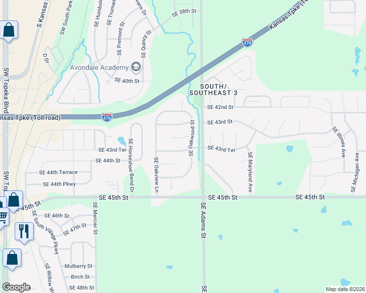 map of restaurants, bars, coffee shops, grocery stores, and more near 4317 Southeast Oakwood Street in Topeka