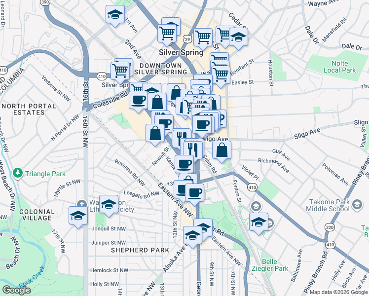map of restaurants, bars, coffee shops, grocery stores, and more near 8010 Blair Mill Way in Silver Spring