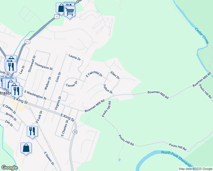 map of restaurants, bars, coffee shops, grocery stores, and more near 565 Fulton Drive in Strasburg