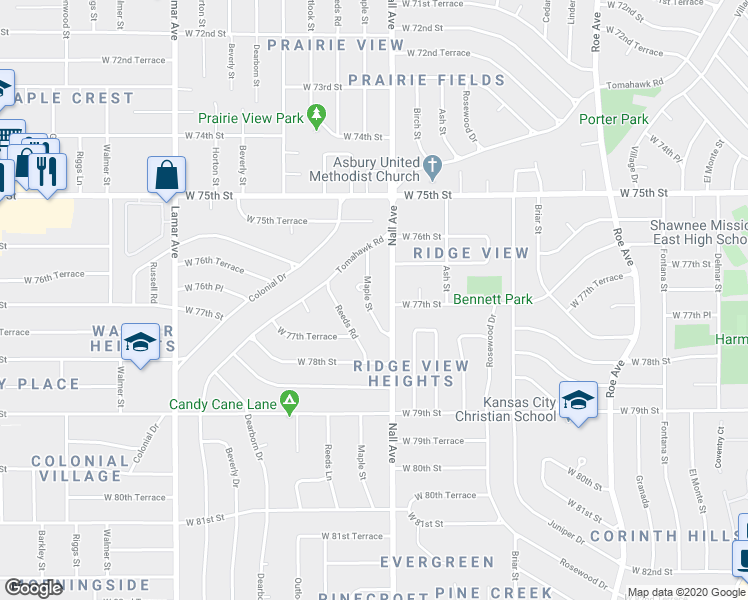 map of restaurants, bars, coffee shops, grocery stores, and more near 7705 Maple Lane in Prairie Village