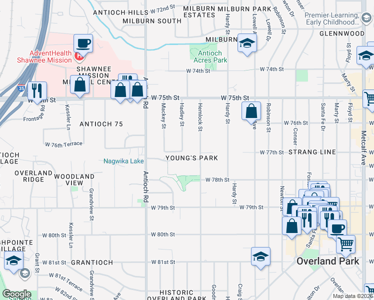 map of restaurants, bars, coffee shops, grocery stores, and more near 7649 Hadley Street in Overland Park
