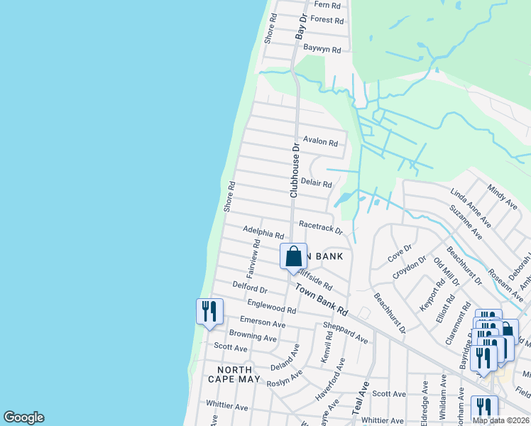 map of restaurants, bars, coffee shops, grocery stores, and more near 15 Racetrack Drive in Cape May