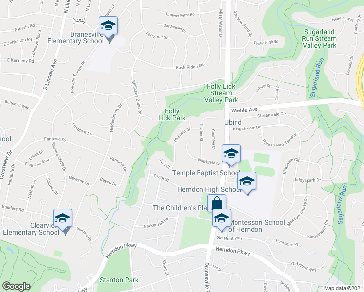 map of restaurants, bars, coffee shops, grocery stores, and more near 12529 Ridgegate Drive in Herndon
