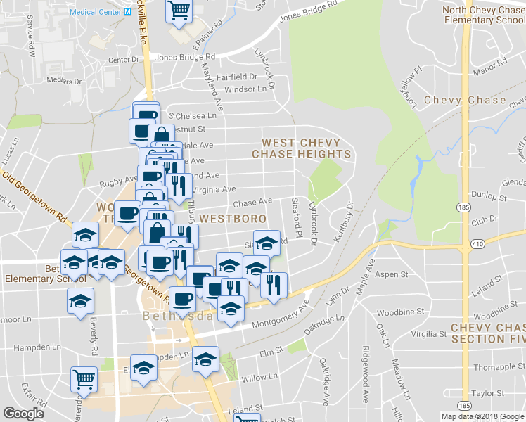 map of restaurants, bars, coffee shops, grocery stores, and more near 4501 Harling Lane in Bethesda