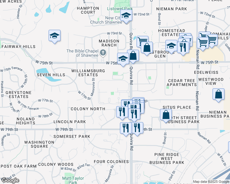 map of restaurants, bars, coffee shops, grocery stores, and more near 7620 Halsey Street in Shawnee