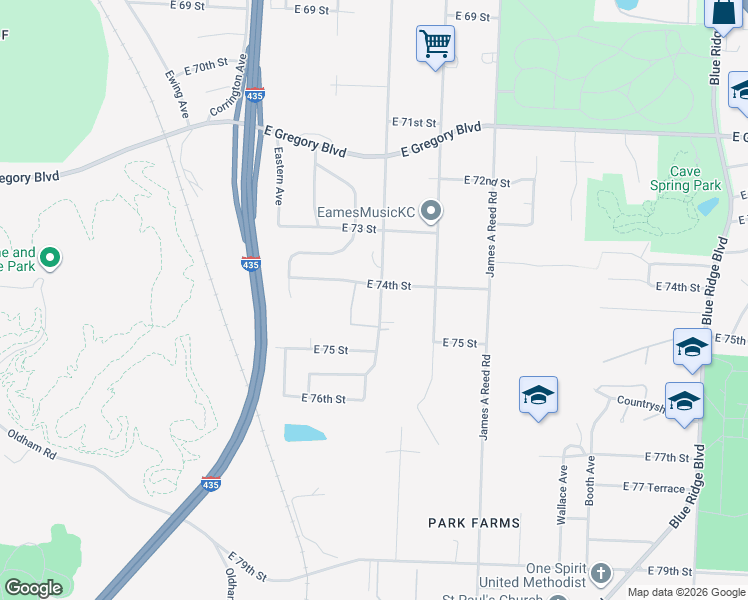 map of restaurants, bars, coffee shops, grocery stores, and more near 7416 Manchester Avenue in Kansas City