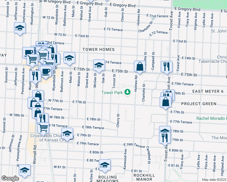 map of restaurants, bars, coffee shops, grocery stores, and more near 7612 Locust Street in Kansas City