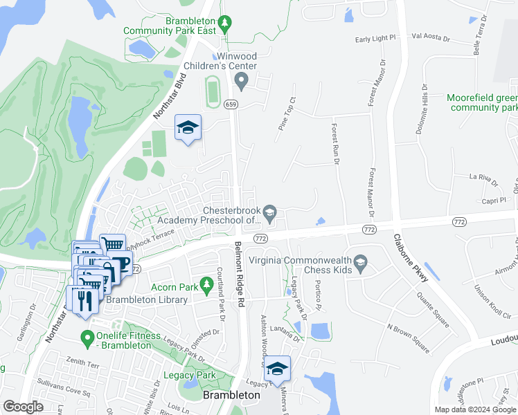 map of restaurants, bars, coffee shops, grocery stores, and more near 22676 Flowing Spring Square in Ashburn