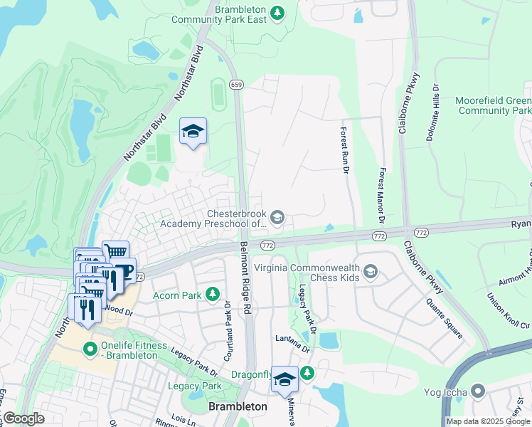 map of restaurants, bars, coffee shops, grocery stores, and more near 22676 Flowing Spring Square in Ashburn