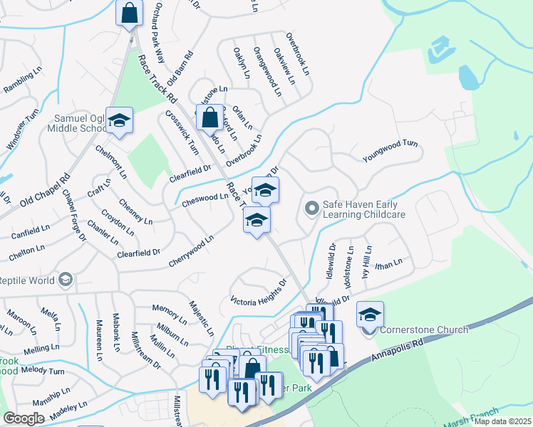 map of restaurants, bars, coffee shops, grocery stores, and more near 7301 Race Track Road in Bowie