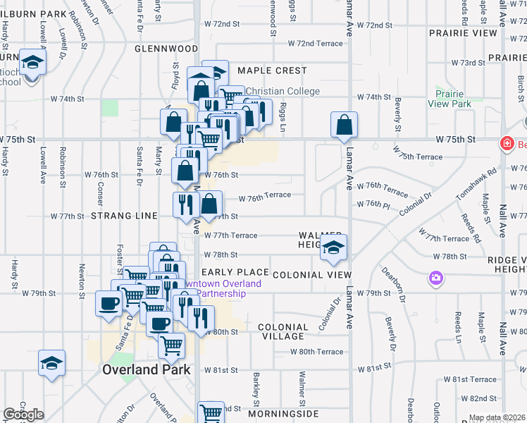 map of restaurants, bars, coffee shops, grocery stores, and more near 6712 West 77th Street in Overland Park