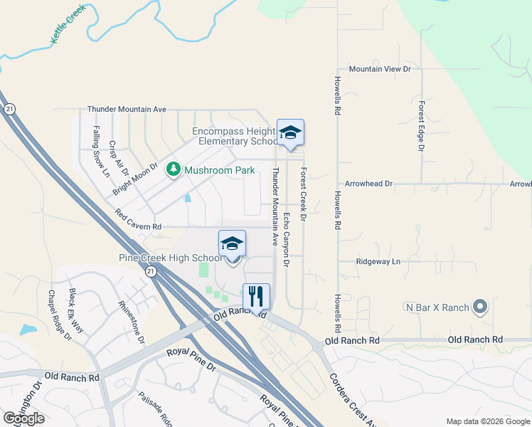 map of restaurants, bars, coffee shops, grocery stores, and more near 10746 Hidden Brook Circle in Colorado Springs